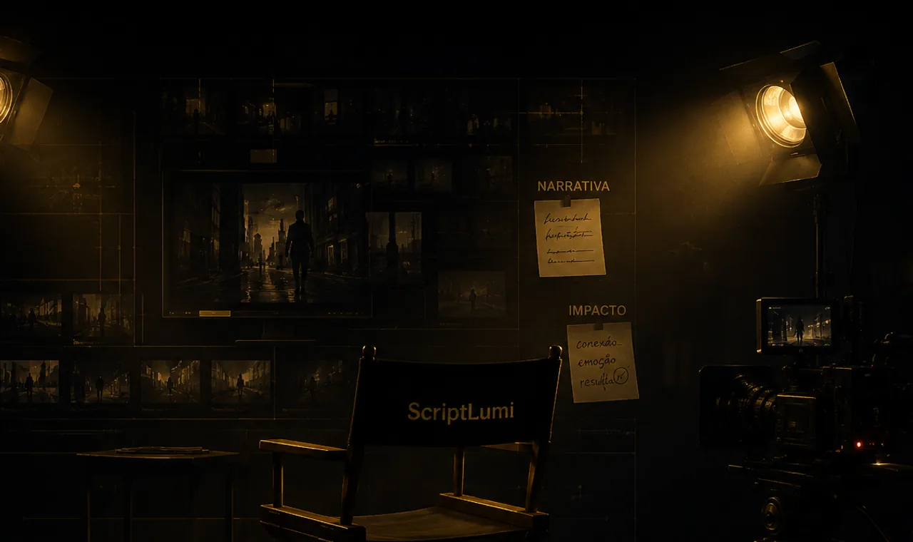 Studio cinematográfico com cadeira de direção, câmera, luzes e storyboard.