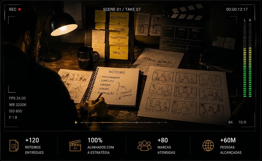 Mesa de roteiro com storyboard, claquete e anotações de produção da ScriptLumi.